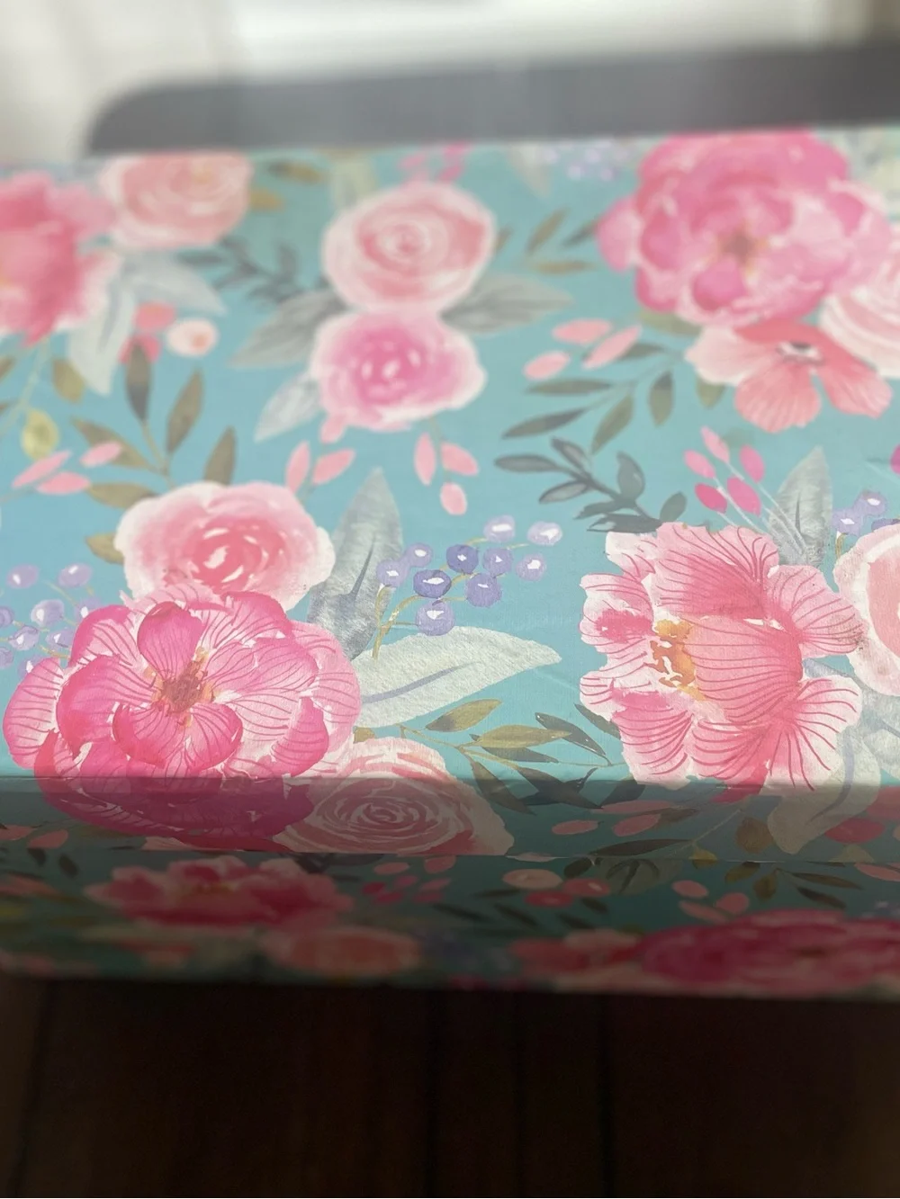 Clementine Paper Company Storage Box in Teal and Pink, 9” X 13” X 7” high appx